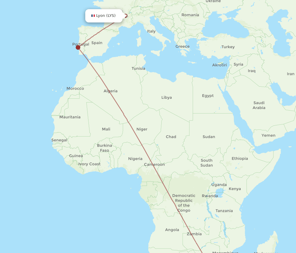 Lyon - Maputo route map and flight paths