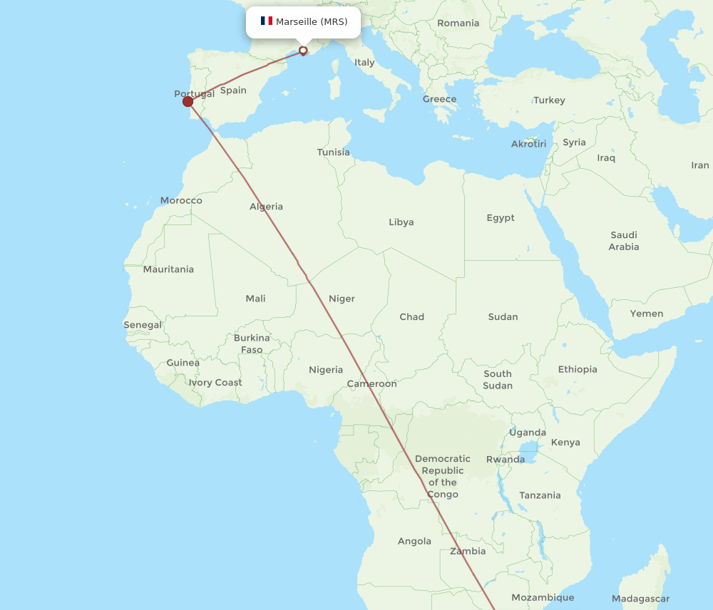 Marseille - Maputo route map and flight paths