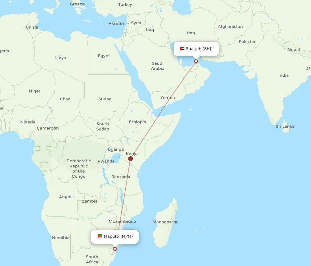 MPM to SHJ flights and routes map