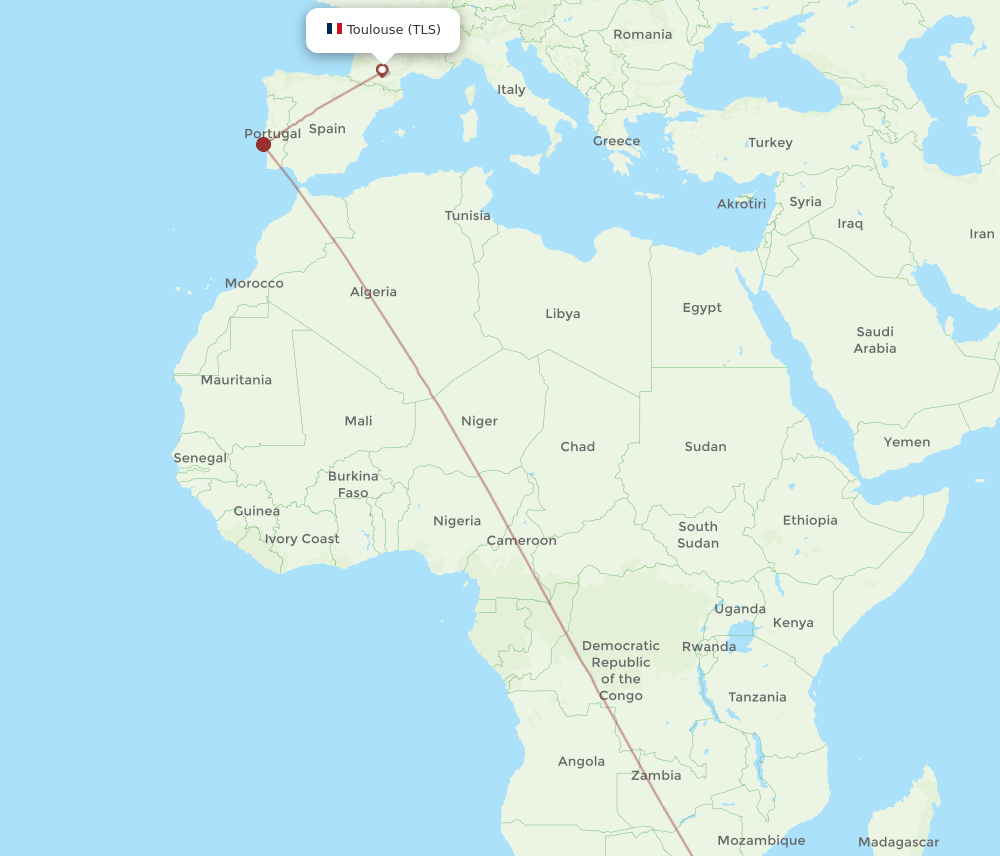 Toulouse - Maputo route map and flight paths
