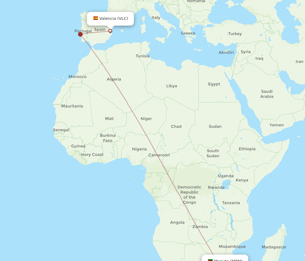 Valencia - Maputo route map and flight paths
