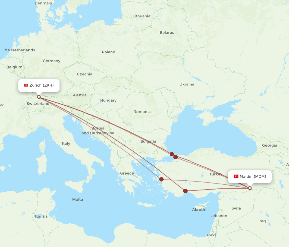 Zurich - Mardin route map and flight paths