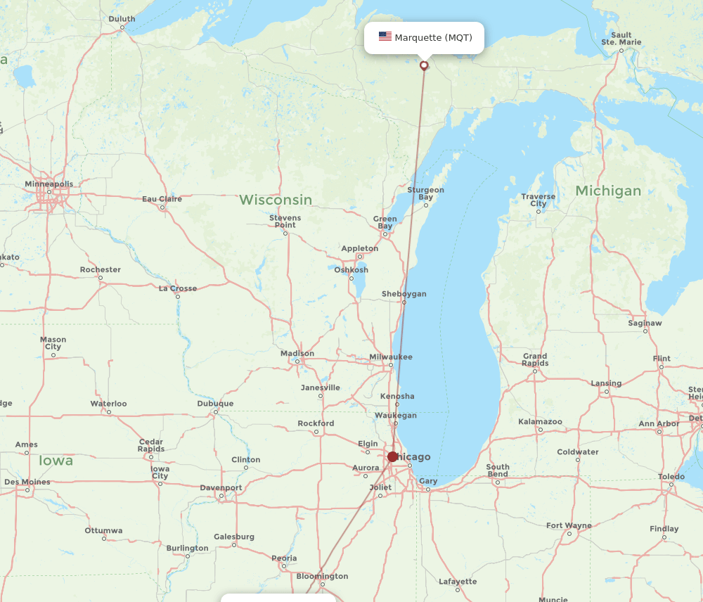 Springfield - Marquette route map and flight paths