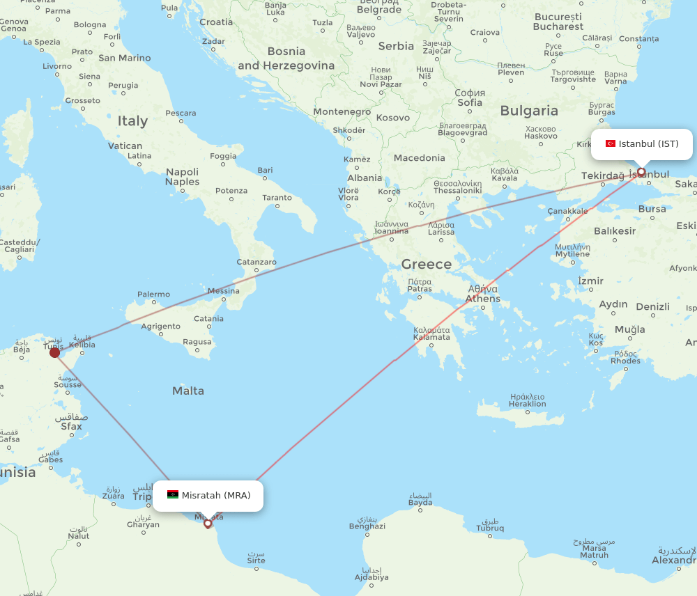 Misurata - Istanbul route map and flight paths