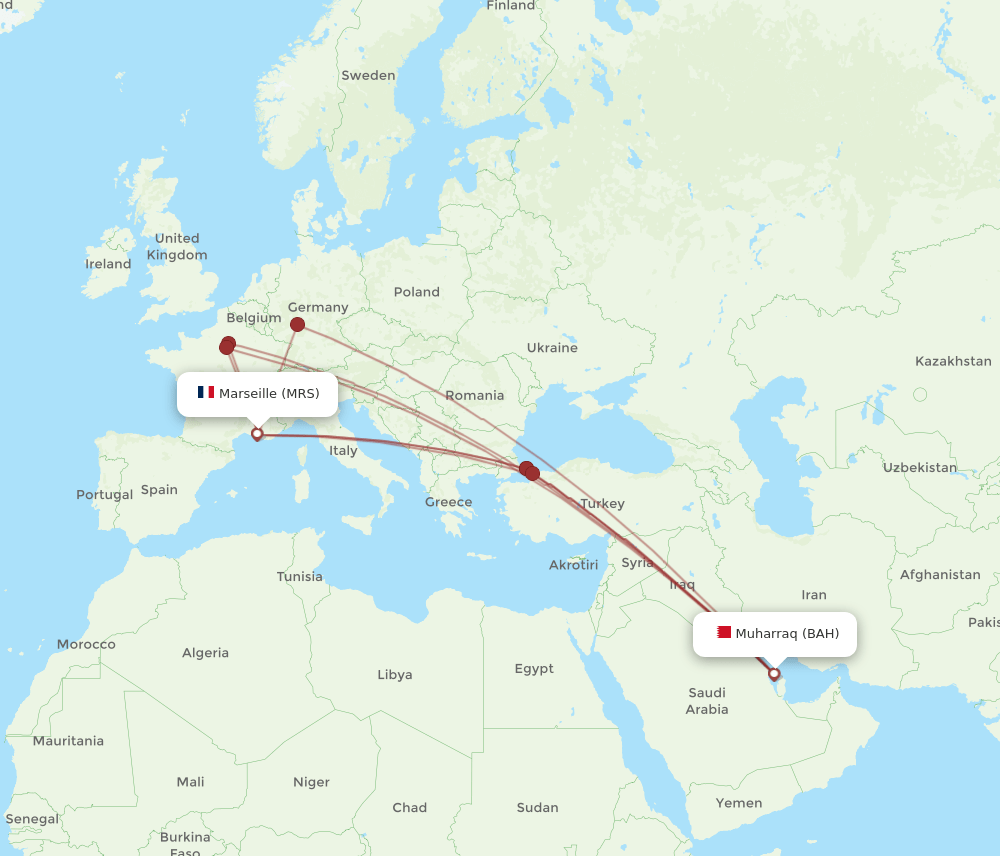 MRS to BAH flights and routes map