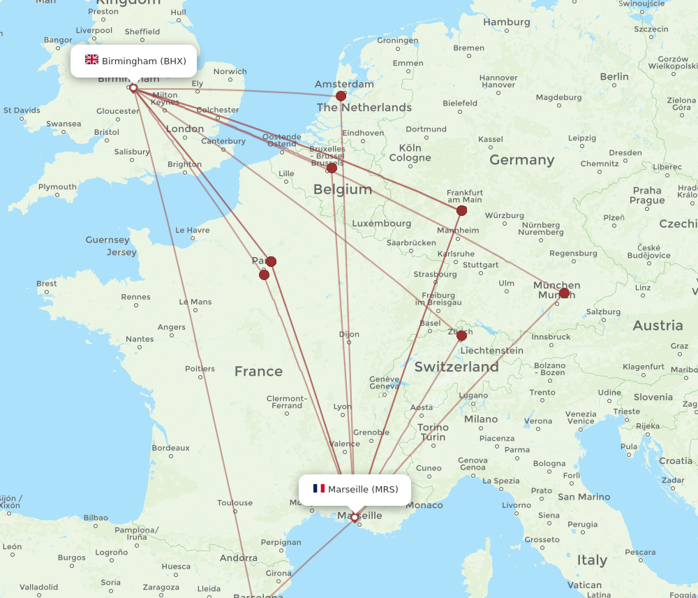 MRS to BHX flights and routes map