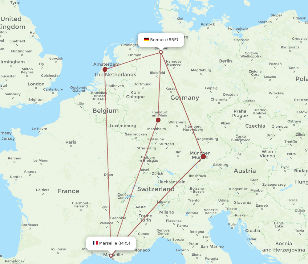 MRS to BRE flights and routes map