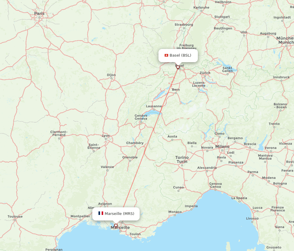 Marseille - Basel, Switzerland/Mulhouse route map and flight paths