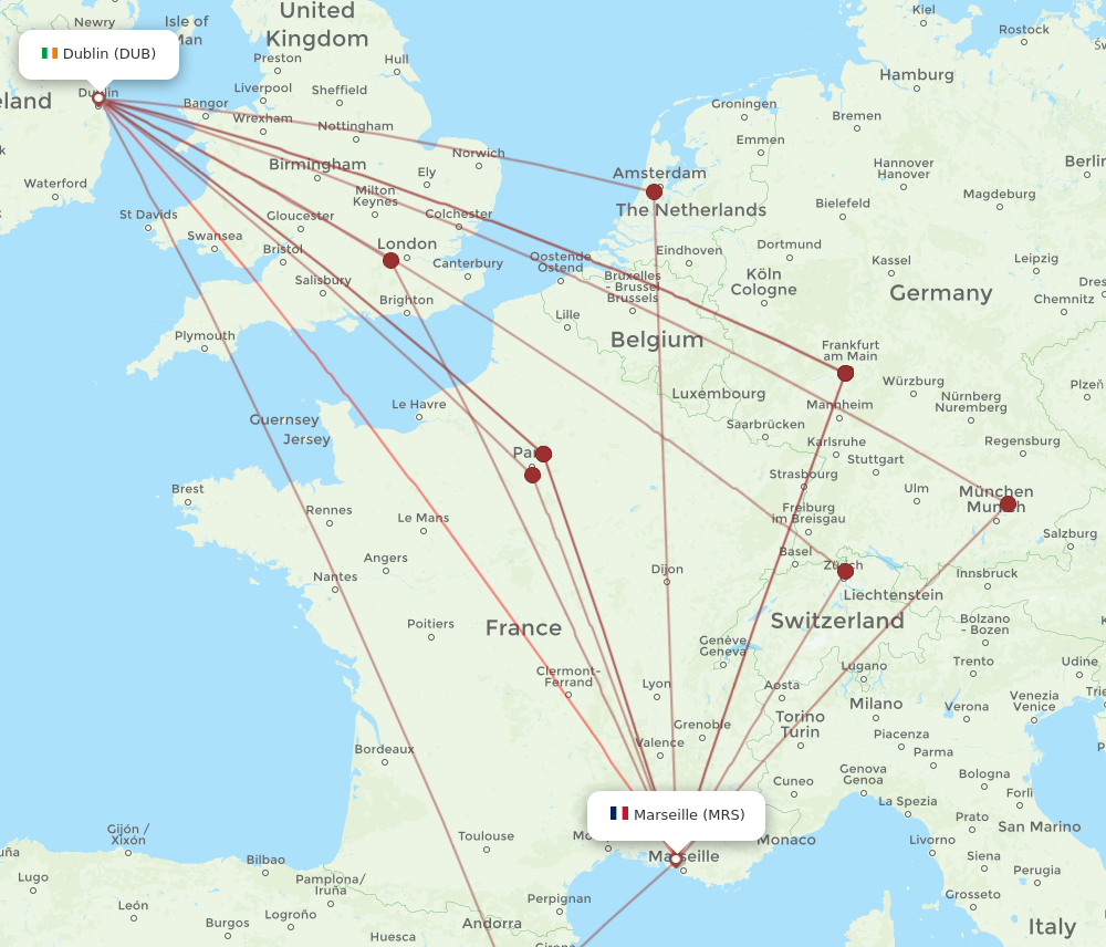 MRS to DUB flights and routes map