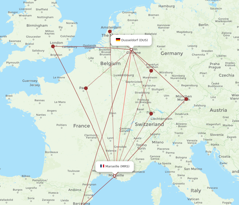MRS to DUS flights and routes map