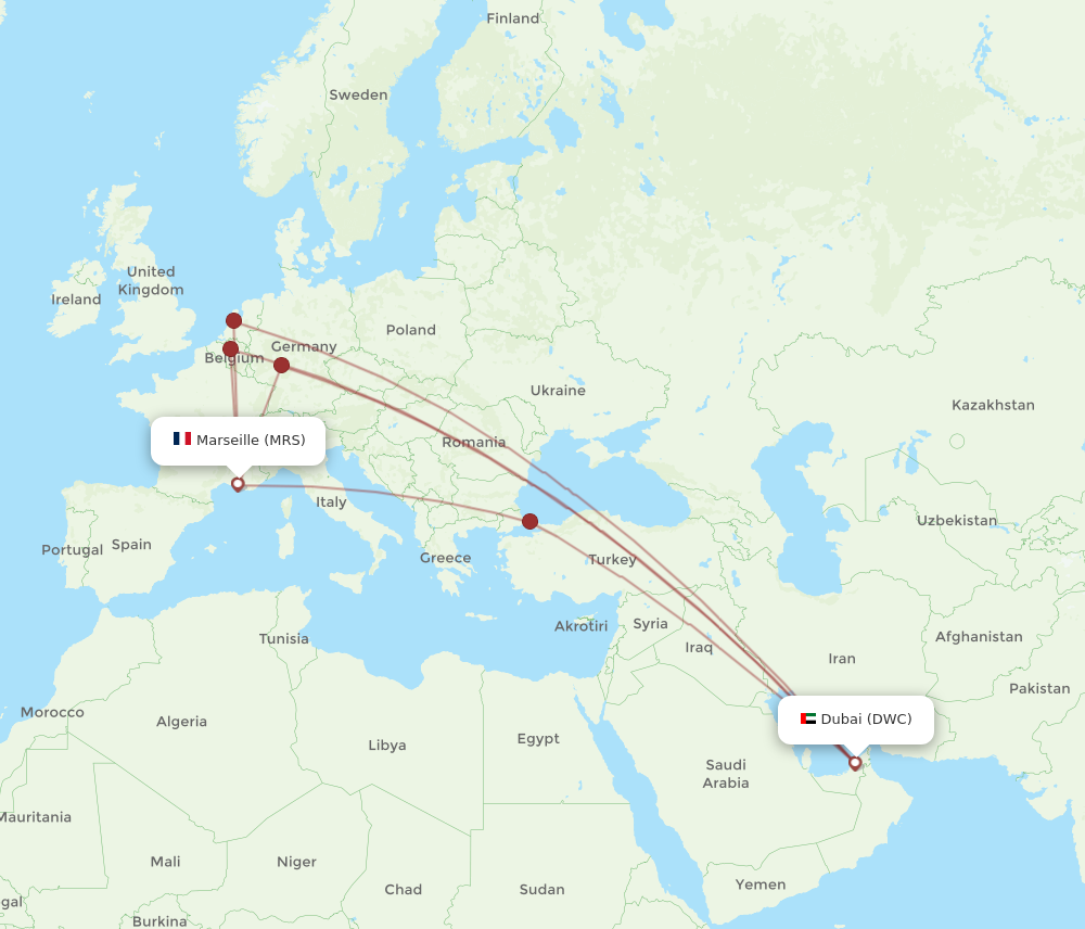 MRS to DWC flights and routes map