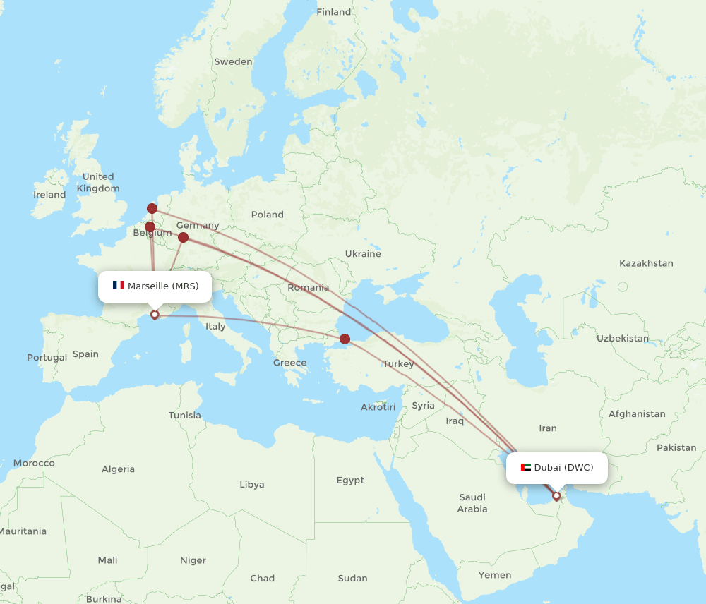 Marseille - Dubai route map and flight paths