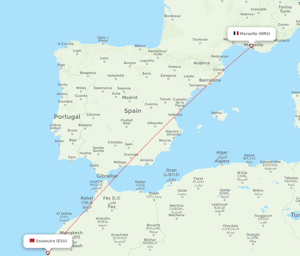 Marseille - Essaouira route map and flight paths