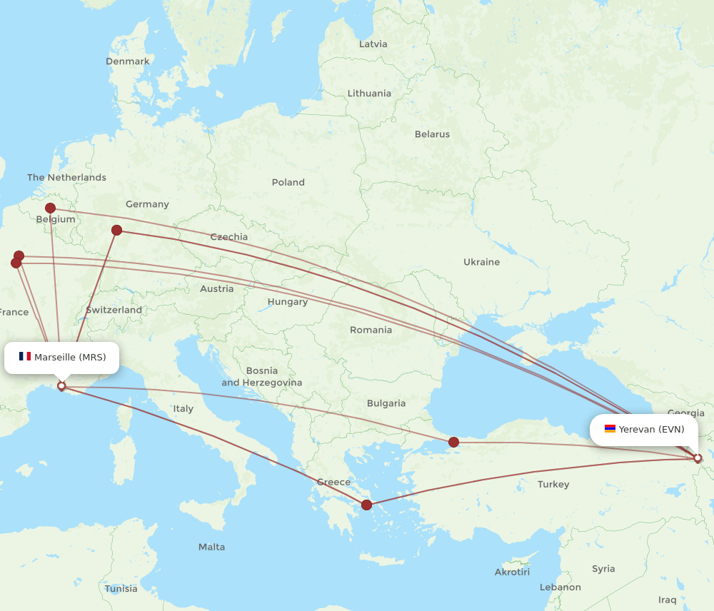 MRS to EVN flights and routes map