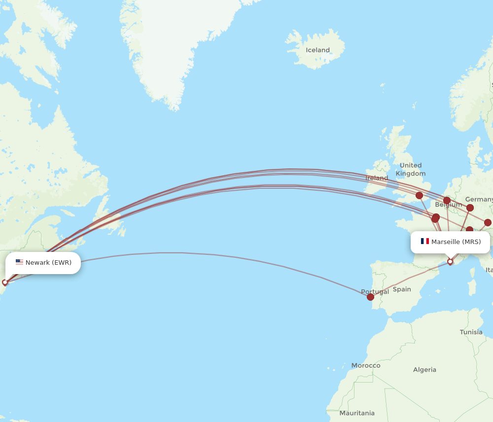 MRS to EWR flights and routes map