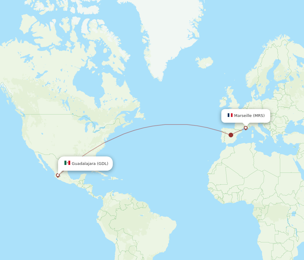 Marseille - Guadalajara route map and flight paths