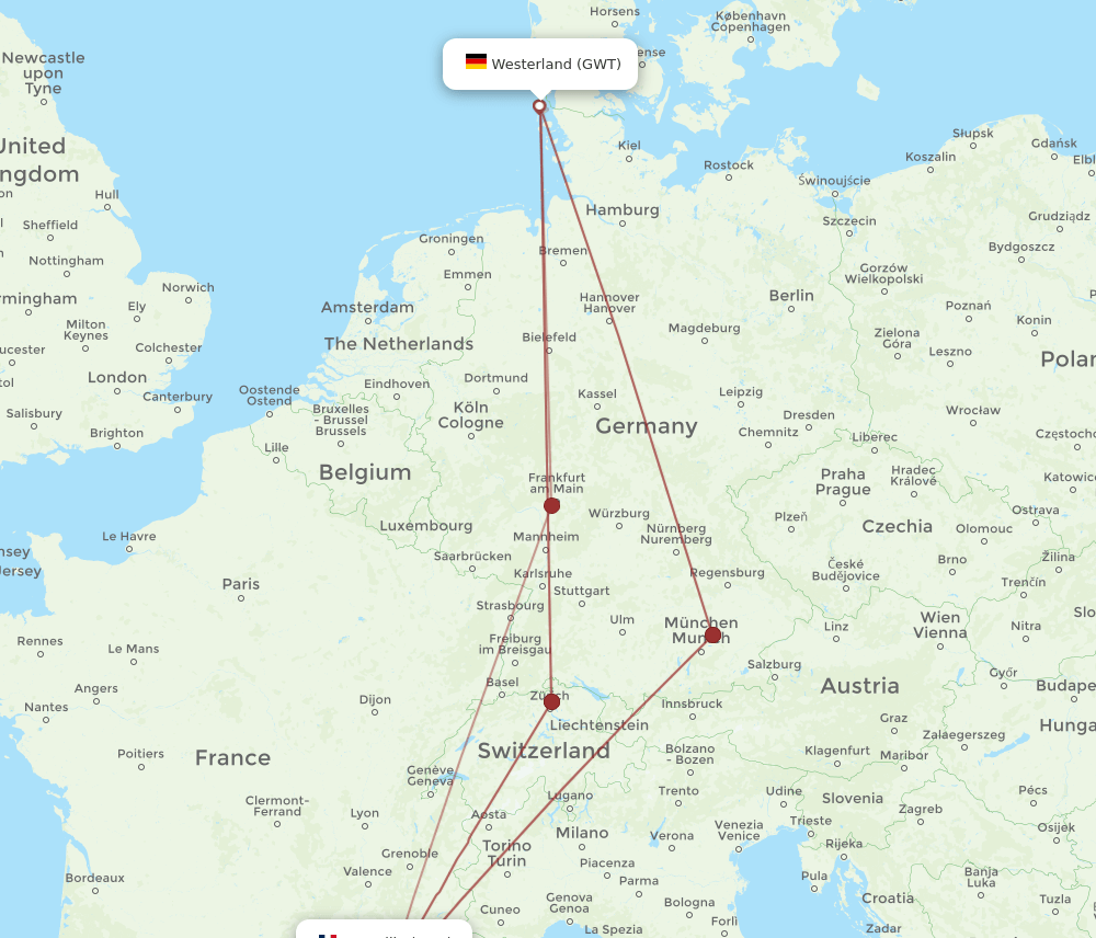 Marseille - Westerland route map and flight paths