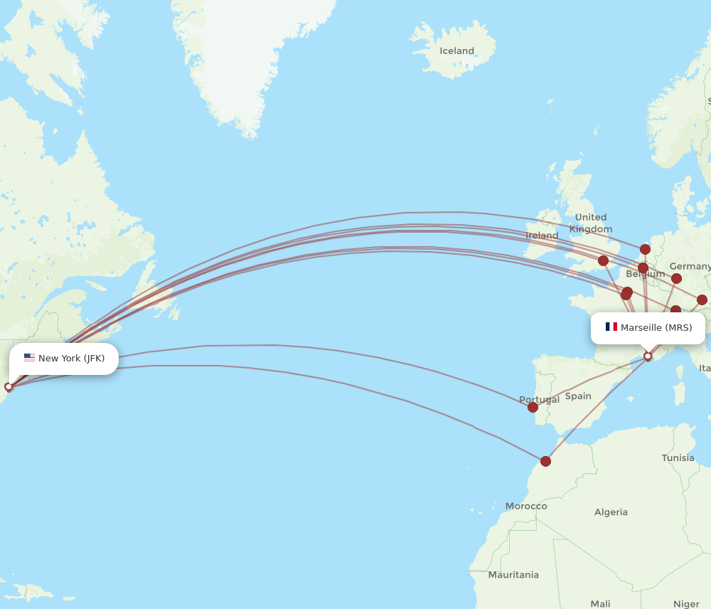 MRS to JFK flights and routes map