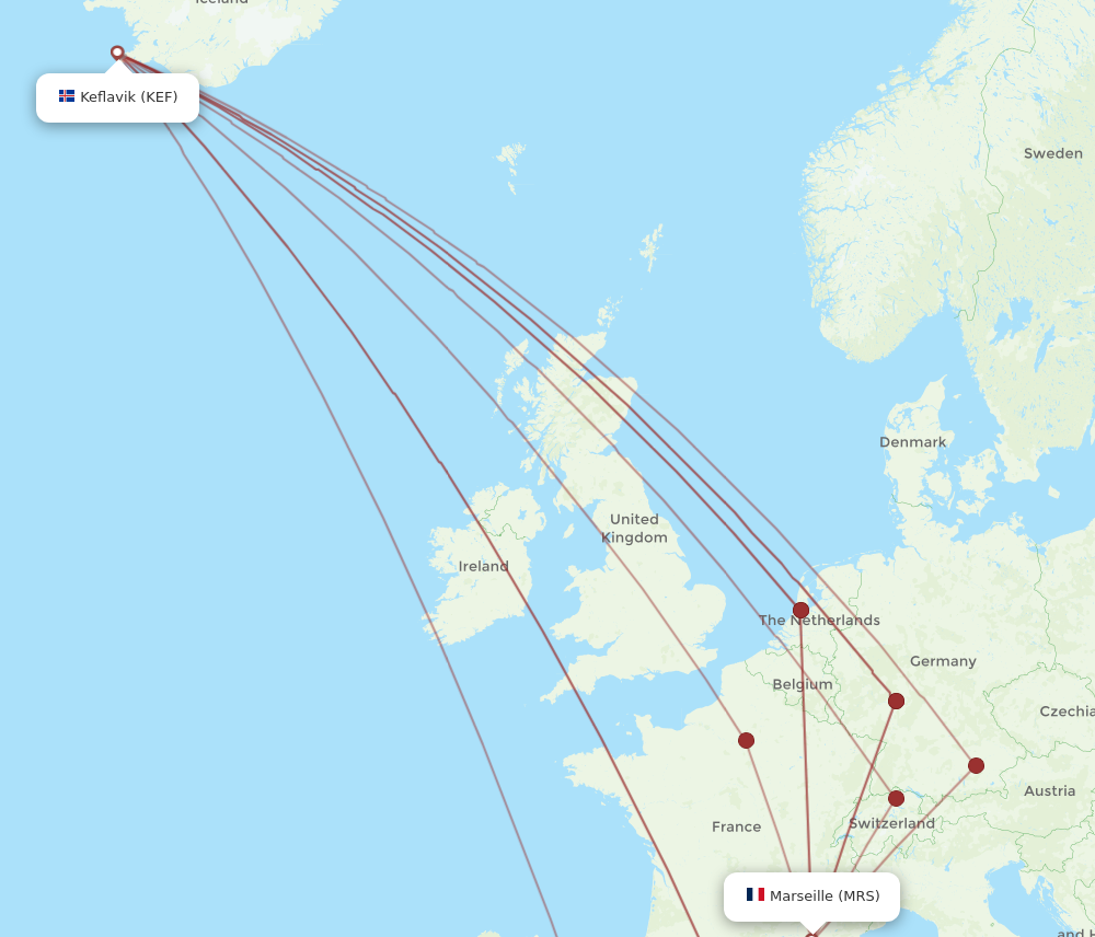 MRS to KEF flights and routes map