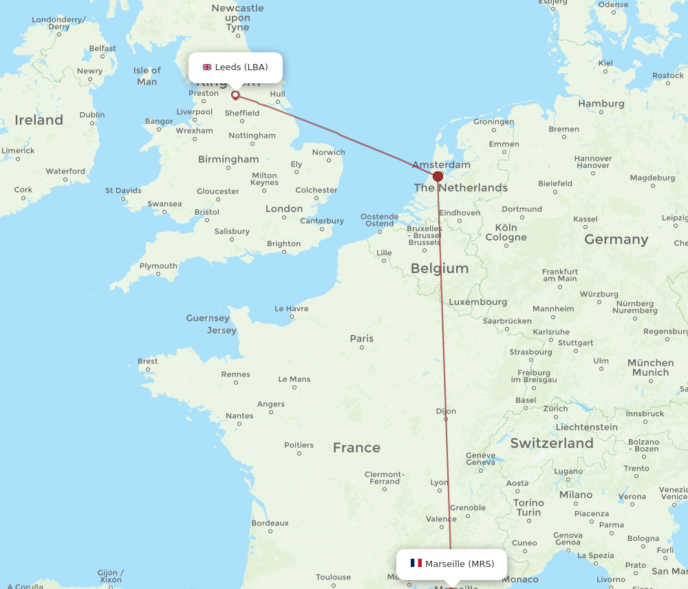 MRS to LBA flights and routes map