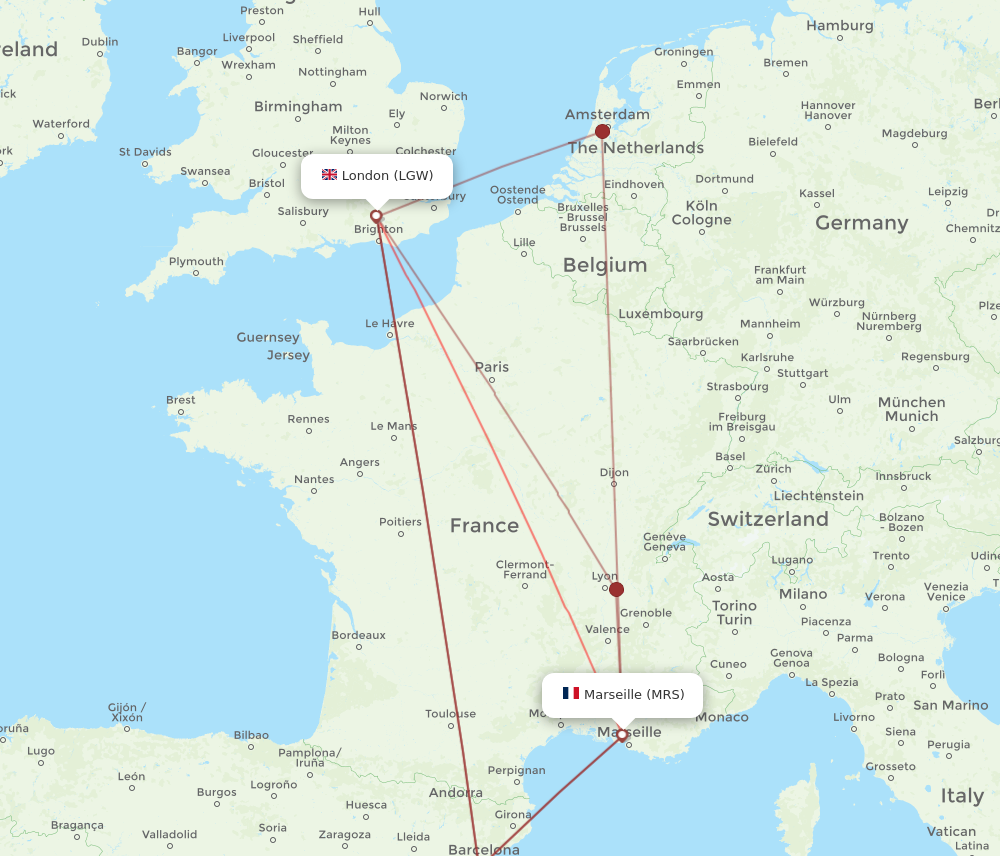 MRS to LGW flights and routes map
