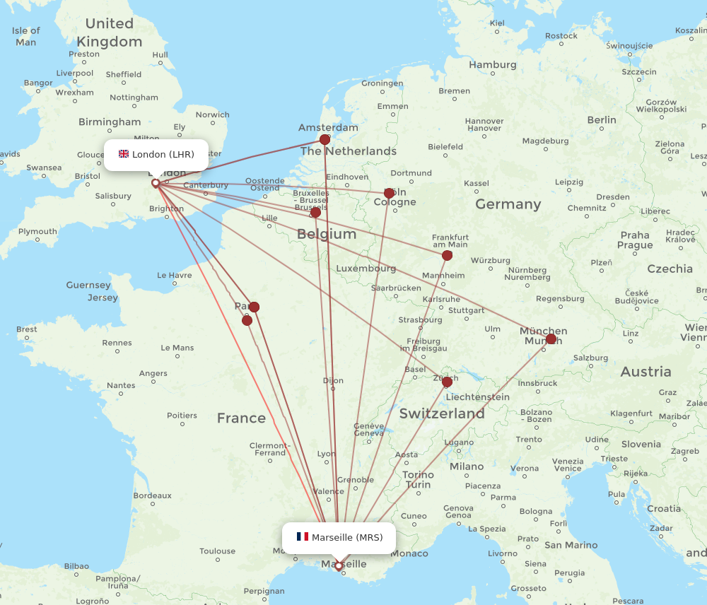MRS to LHR flights and routes map