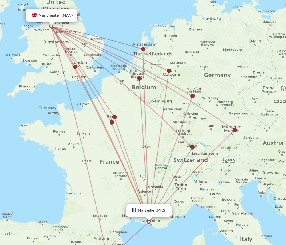 MRS to MAN flights and routes map