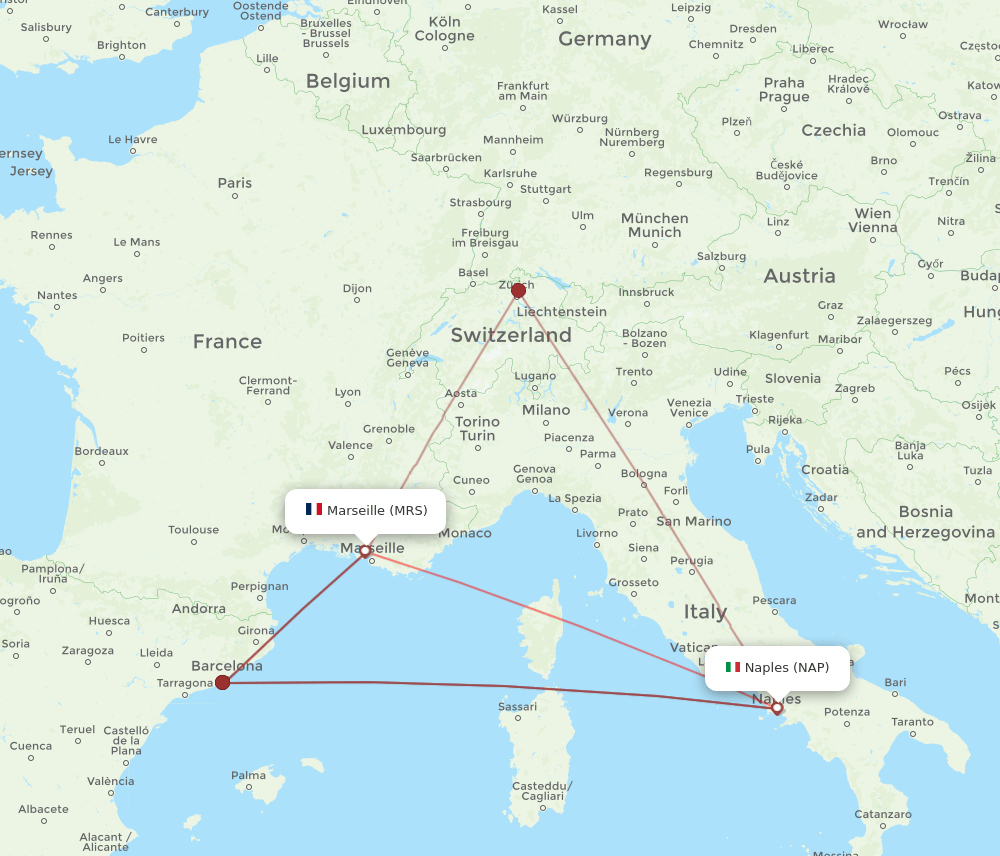 MRS to NAP flights and routes map