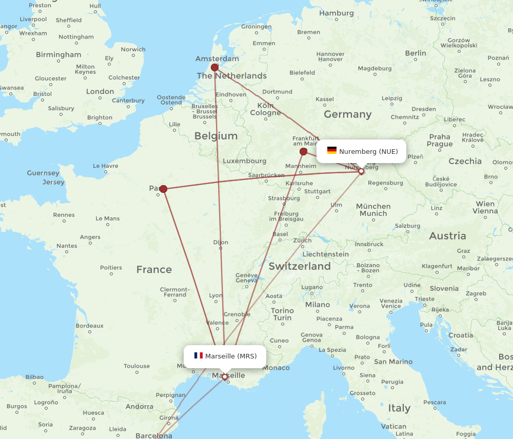 MRS to NUE flights and routes map