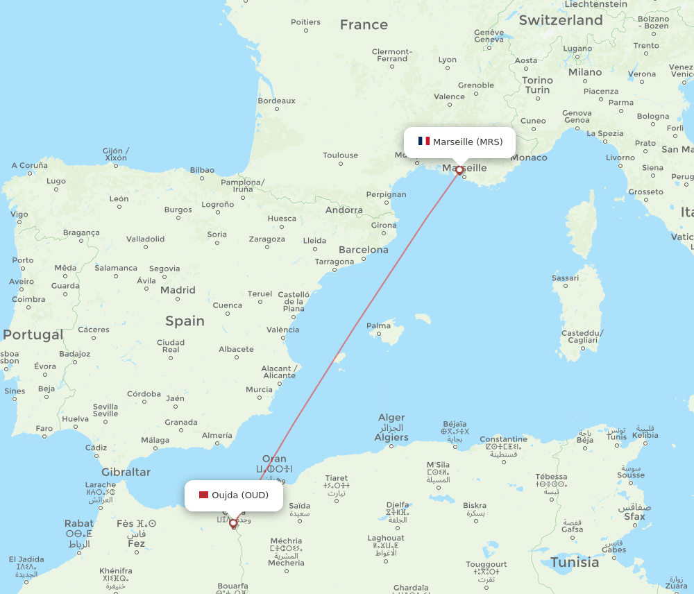 Marseille - Oujda route map and flight paths