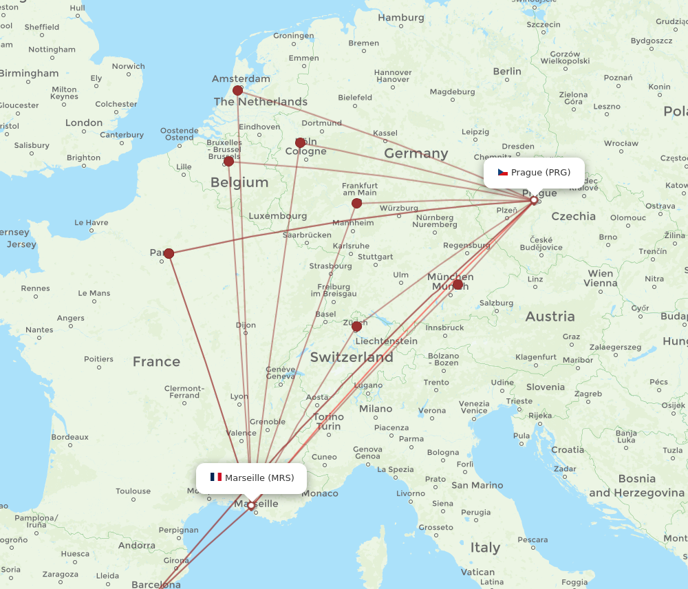 MRS to PRG flights and routes map