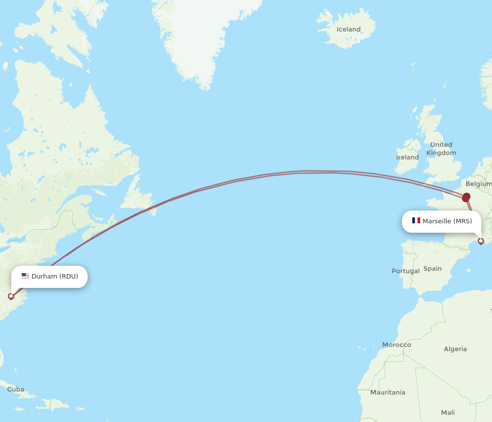 MRS to RDU flights and routes map