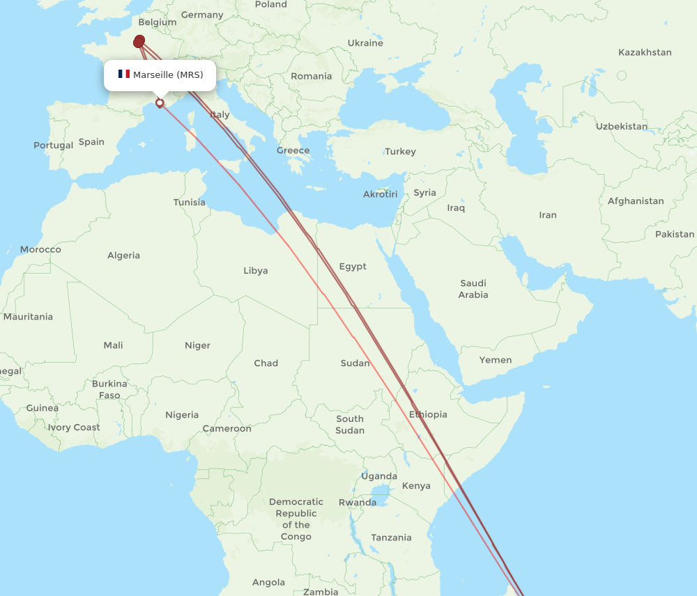 MRS to RUN flights and routes map