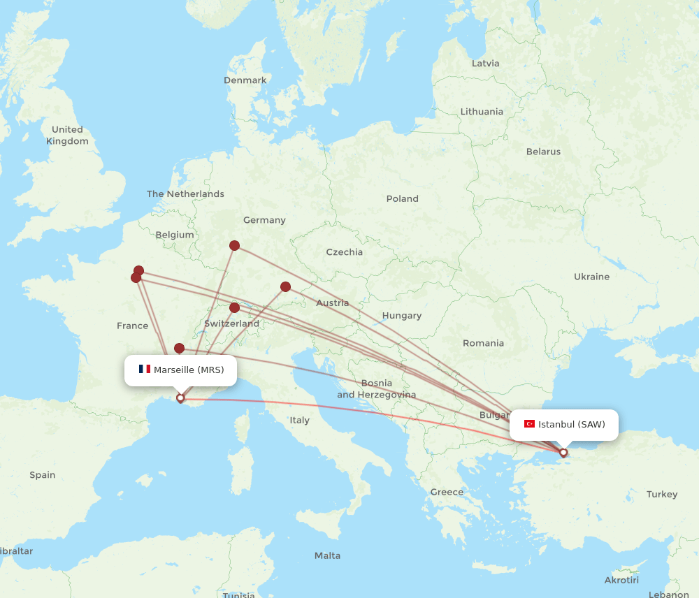 Marseille - Istanbul route map and flight paths