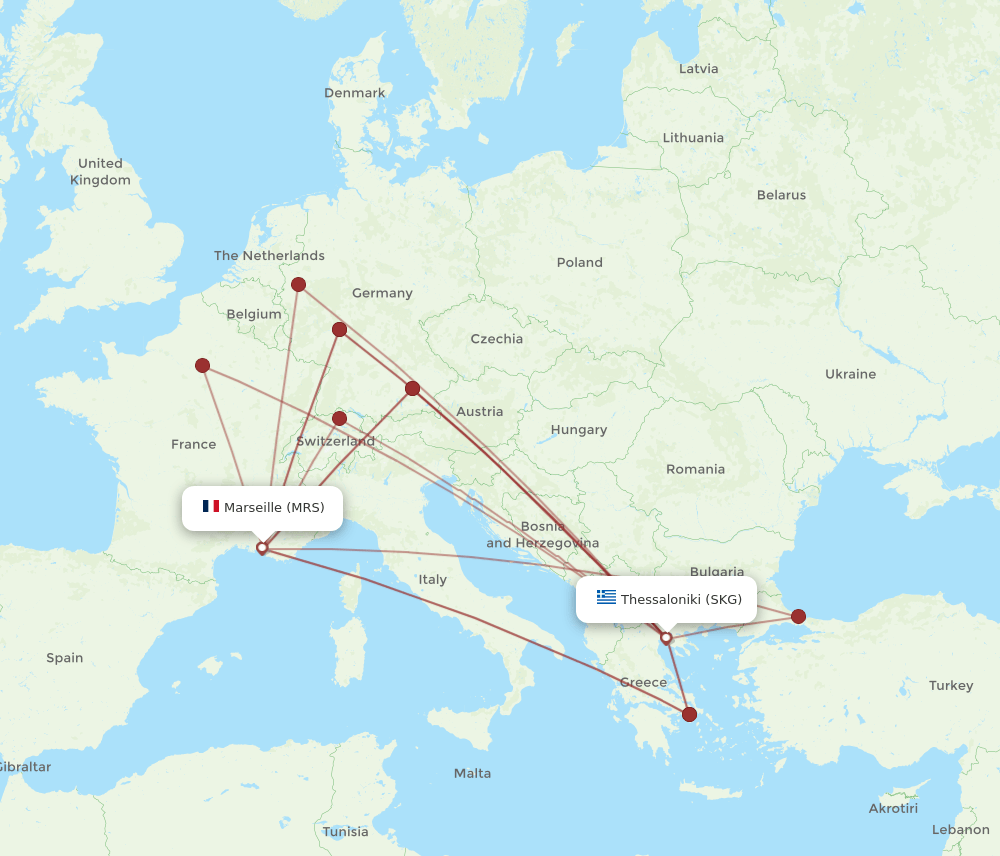 MRS to SKG flights and routes map