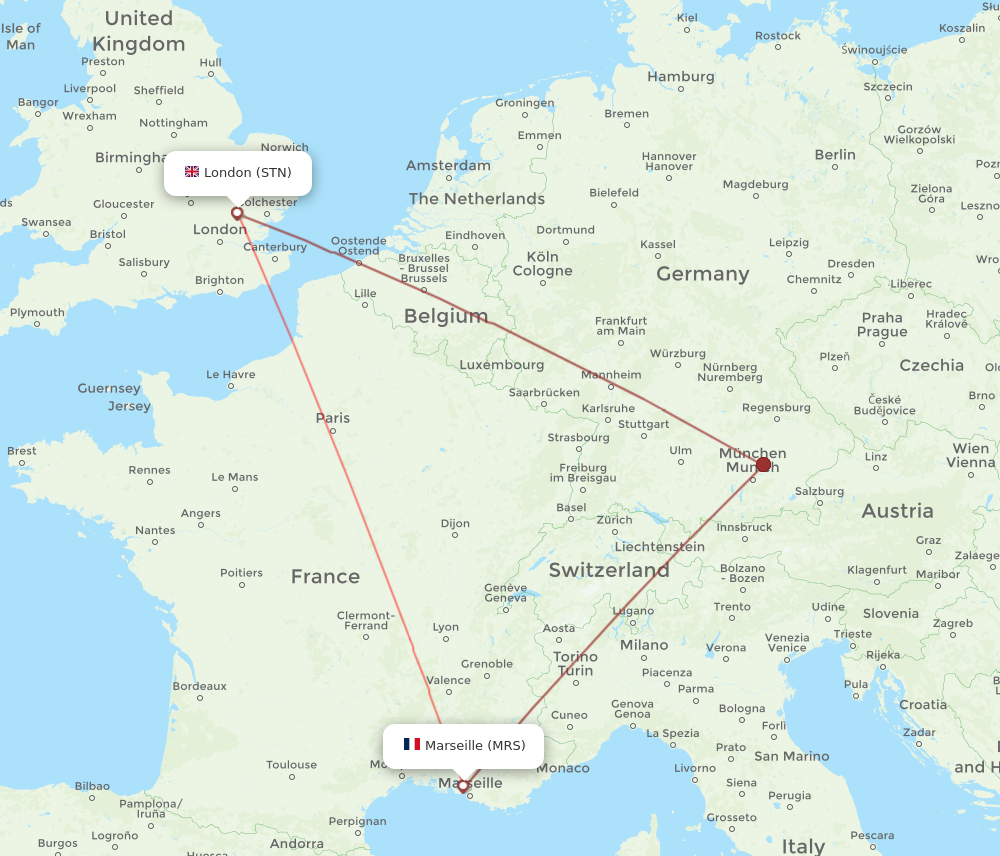 MRS to STN flights and routes map