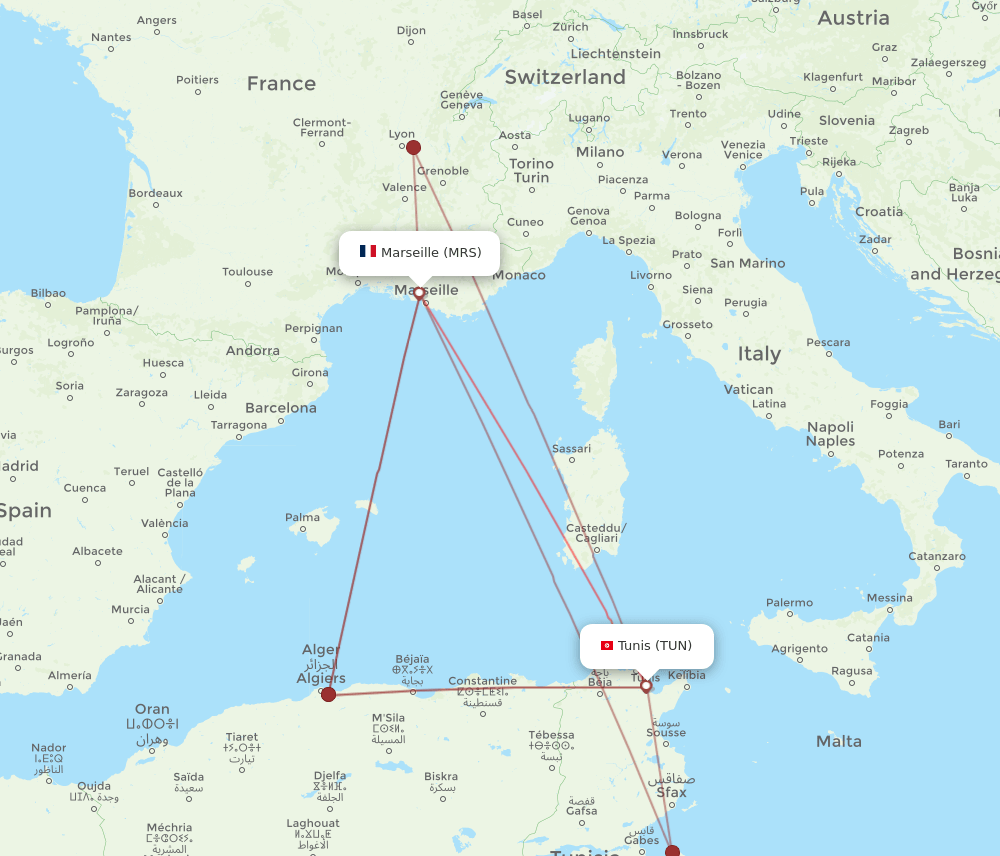 MRS to TUN flights and routes map