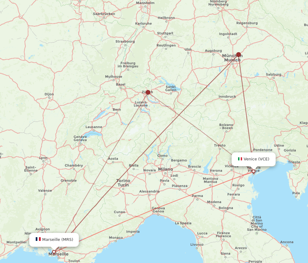 MRS to VCE flights and routes map