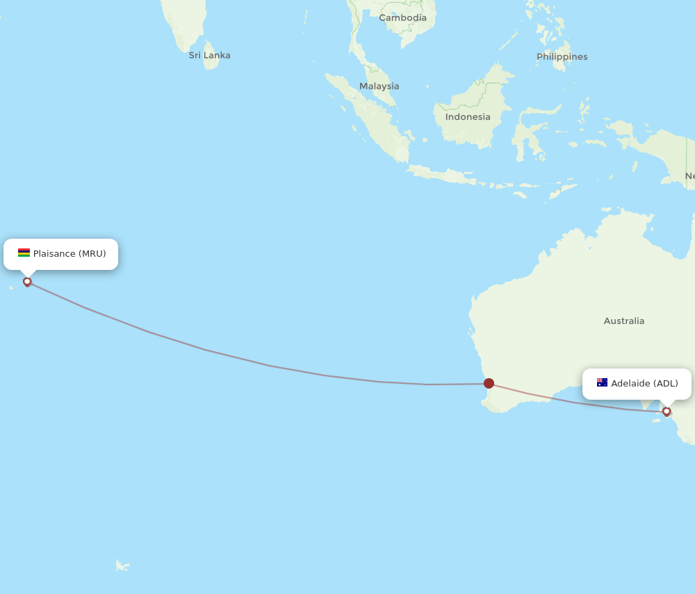 Adelaide - Mauritius route map and flight paths