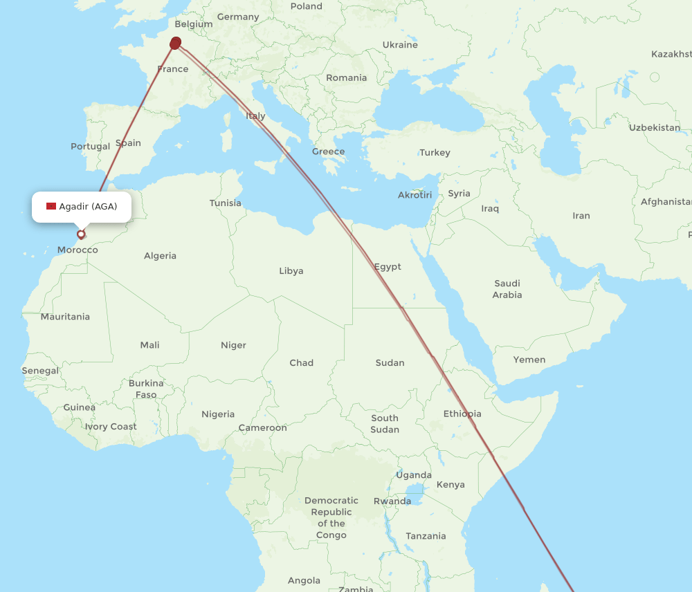 MRU-AGA flight routes