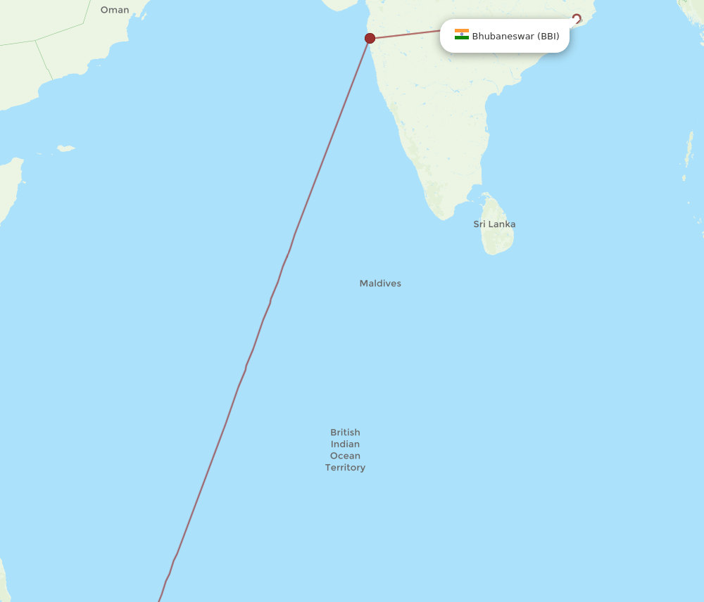 Bhubaneswar - Mauritius route map and flight paths