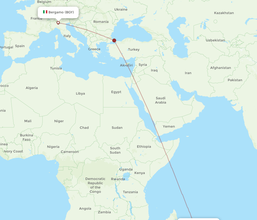 BGY to MRU flights and routes map