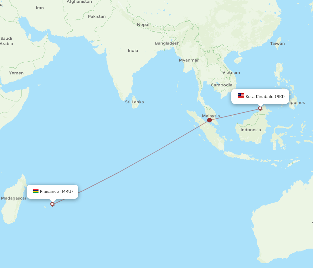 MRU to BKI flights and routes map