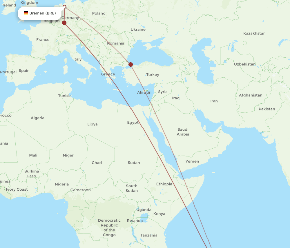 MRU-BRE flight routes
