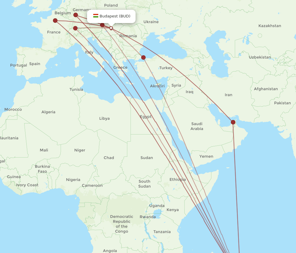 MRU-BUD flight routes
