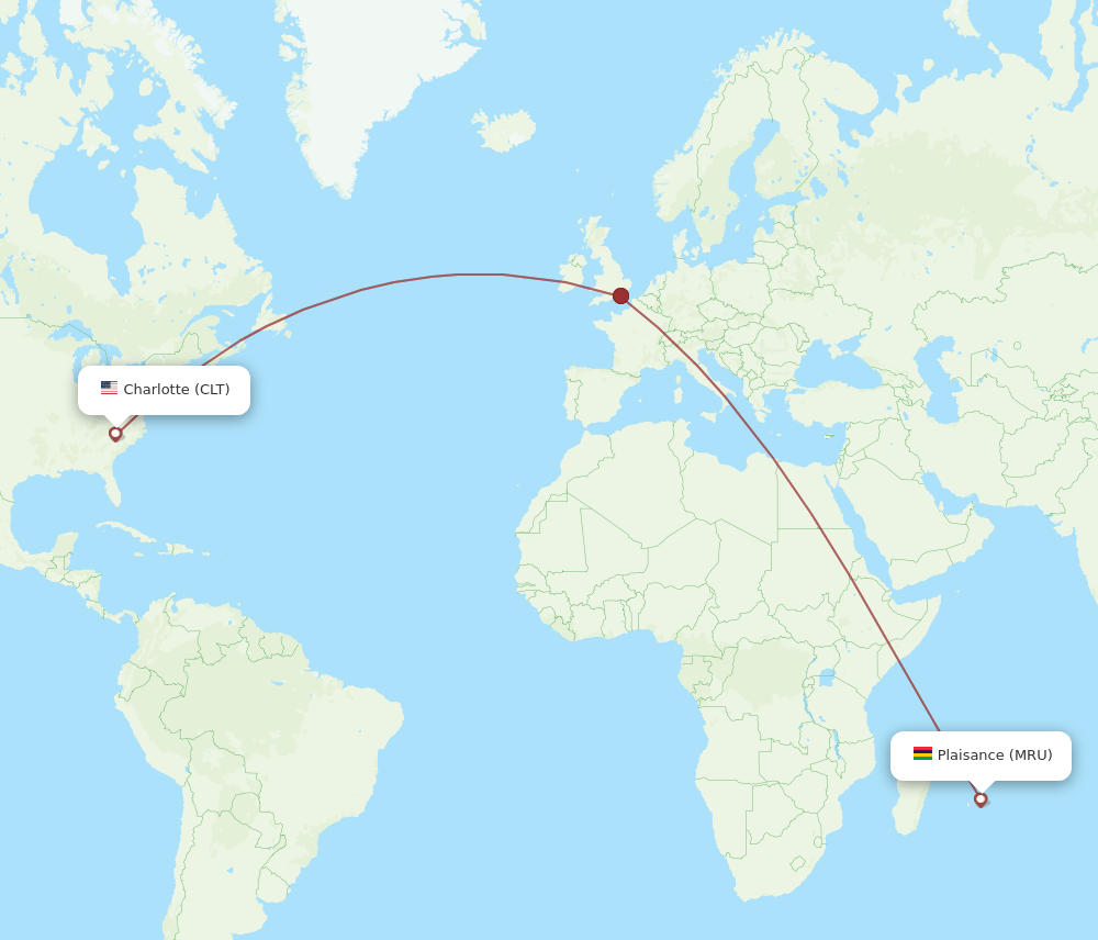 Charlotte - Mauritius route map and flight paths