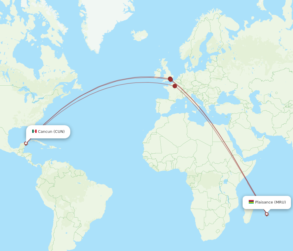 MRU to CUN flights and routes map