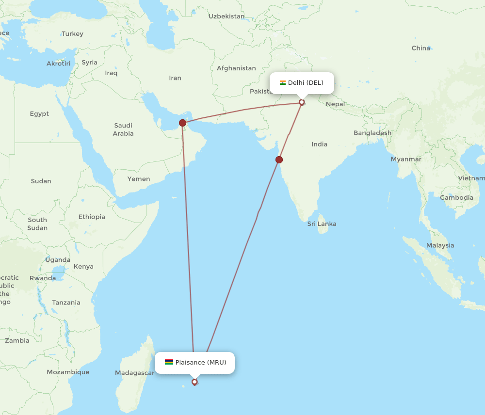 MRU to DEL flights and routes map