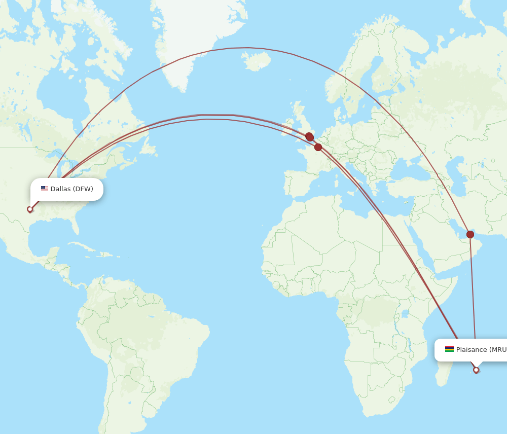 Dallas - Mauritius route map and flight paths