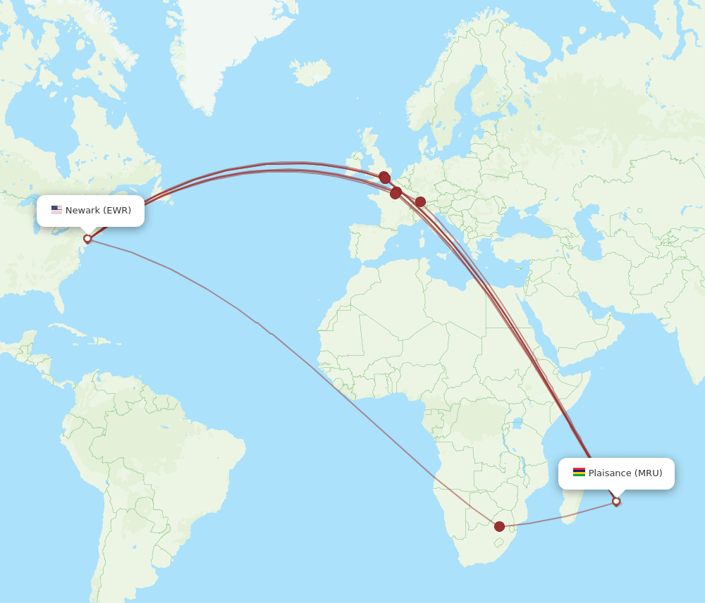 MRU-EWR flight routes